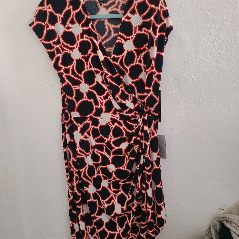 Maggy London, SIZE 12  WRAP DRESS, NWT. NAVY/RED